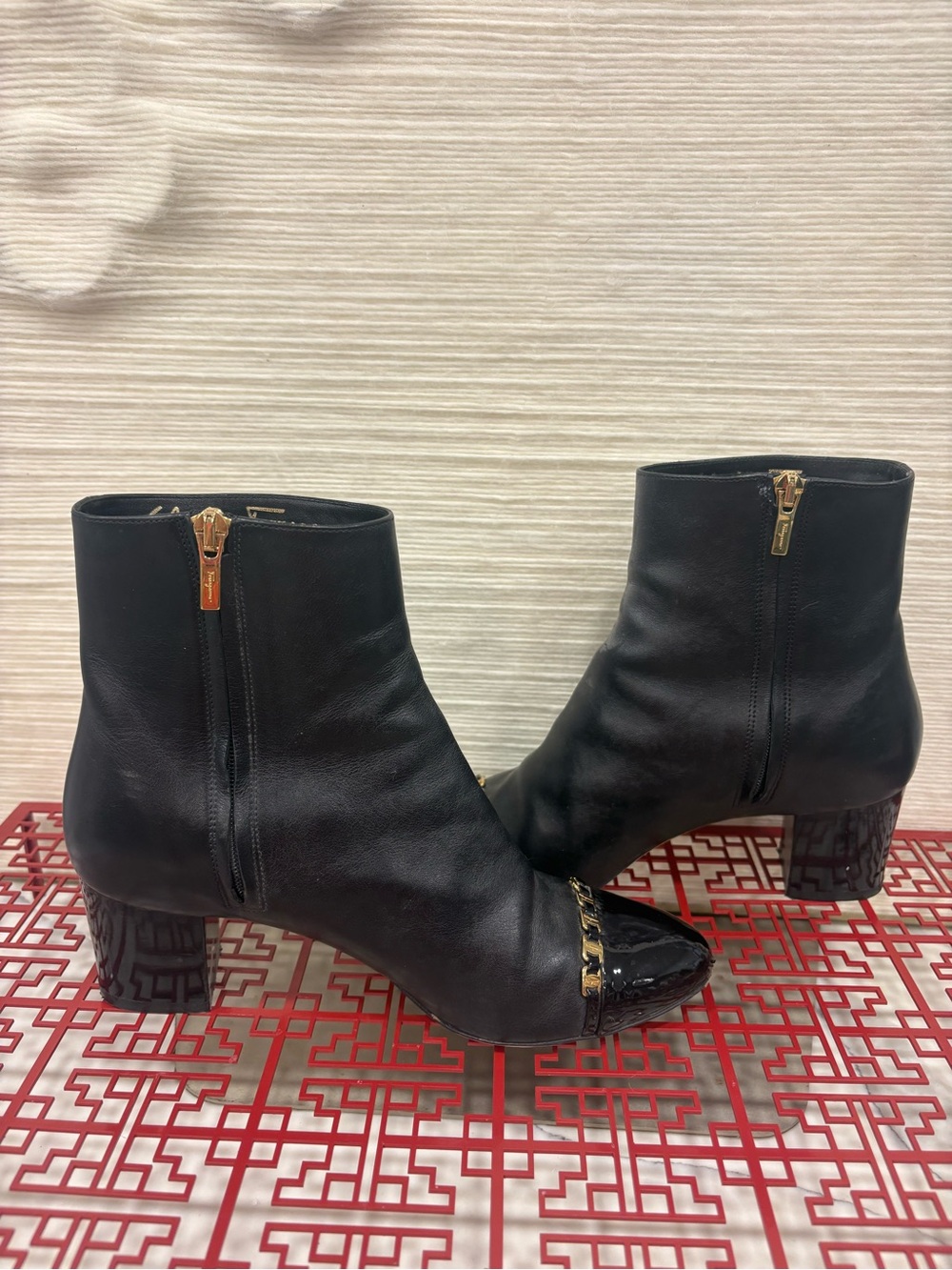 Salvatore Ferragamo Black Leather Ankle Boots with Patent Toe & Gold Chain